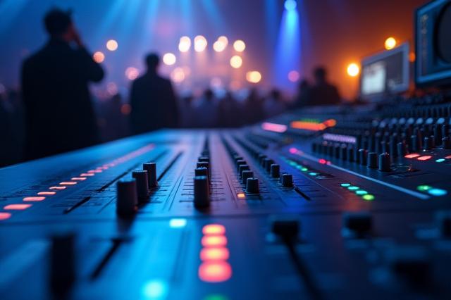 Console de mixage audio professionnelle avec des lumières de scène en arrière-plan